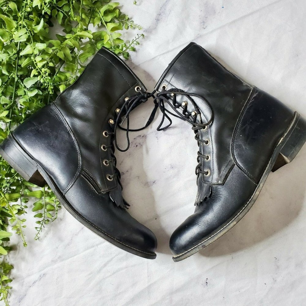 Black Leather Kiltie Tassel Lace Up Western Boot 9 Vintage 1980s Roy Cooper